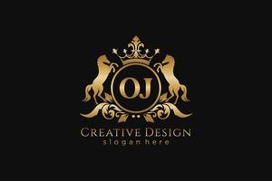 initial OJ Retro golden crest with circle and two horses, badge template with scrolls and royal crown - perfect for luxurious branding projects vector