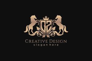 initial QZ Retro golden crest with shield and two horses, badge template with scrolls and royal crown - perfect for luxurious branding projects vector