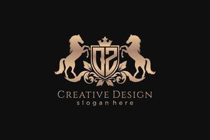 initial QZ Retro golden crest with shield and two horses, badge template with scrolls and royal crown - perfect for luxurious branding projects vector