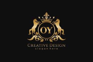 initial OY Retro golden crest with circle and two horses, badge template with scrolls and royal crown - perfect for luxurious branding projects vector