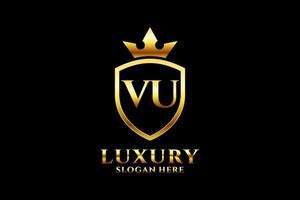 initial VU elegant luxury monogram logo or badge template with scrolls and royal crown - perfect for luxurious branding projects vector