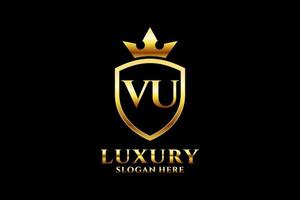 initial VU elegant luxury monogram logo or badge template with scrolls and royal crown - perfect for luxurious branding projects vector