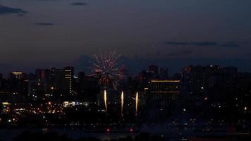 Firework with cityscape night light view of Novosibirsk skyline video