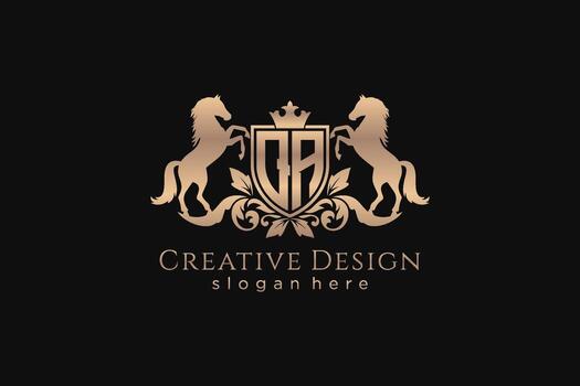 initial QA Retro golden crest with shield and two horses, badge template with scrolls and royal crown - perfect for luxurious branding projects vector