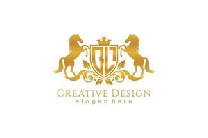 initial QL Retro golden crest with shield and two horses, badge template with scrolls and royal crown - perfect for luxurious branding projects vector