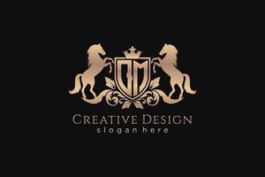 initial QM Retro golden crest with shield and two horses, badge template with scrolls and royal crown - perfect for luxurious branding projects vector