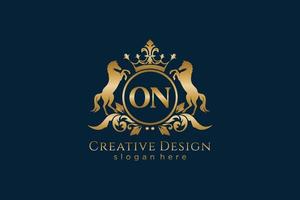 initial ON Retro golden crest with circle and two horses, badge template with scrolls and royal crown - perfect for luxurious branding projects vector