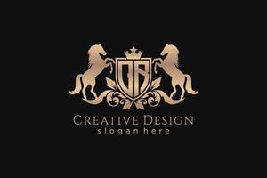 initial QR Retro golden crest with shield and two horses, badge template with scrolls and royal crown - perfect for luxurious branding projects vector
