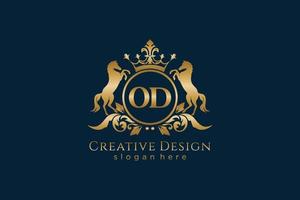 initial OD Retro golden crest with circle and two horses, badge template with scrolls and royal crown - perfect for luxurious branding projects vector