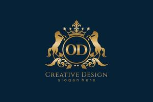 initial OD Retro golden crest with circle and two horses, badge template with scrolls and royal crown - perfect for luxurious branding projects vector