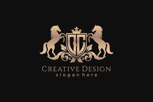 initial QC Retro golden crest with shield and two horses, badge template with scrolls and royal crown - perfect for luxurious branding projects vector