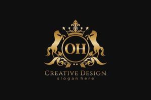 initial OH Retro golden crest with circle and two horses, badge template with scrolls and royal crown - perfect for luxurious branding projects vector