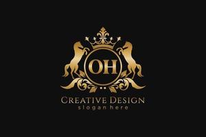 initial OH Retro golden crest with circle and two horses, badge template with scrolls and royal crown - perfect for luxurious branding projects vector