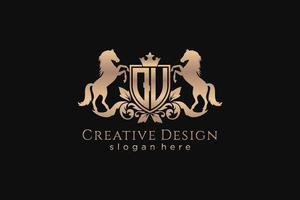 initial QU Retro golden crest with shield and two horses, badge template with scrolls and royal crown - perfect for luxurious branding projects vector