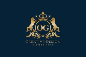 initial OG Retro golden crest with circle and two horses, badge template with scrolls and royal crown - perfect for luxurious branding projects vector