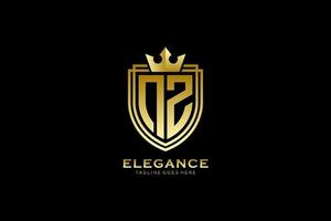 initial NZ elegant luxury monogram logo or badge template with scrolls and royal crown - perfect for luxurious branding projects vector