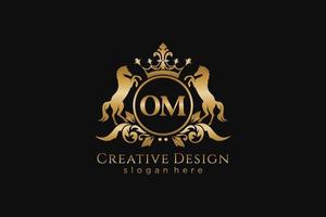 initial OM Retro golden crest with circle and two horses, badge template with scrolls and royal crown - perfect for luxurious branding projects vector