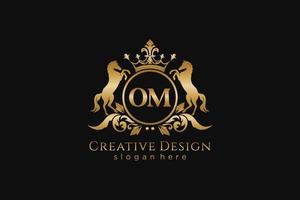 initial OM Retro golden crest with circle and two horses, badge template with scrolls and royal crown - perfect for luxurious branding projects vector