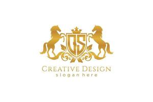 initial QS Retro golden crest with shield and two horses, badge template with scrolls and royal crown - perfect for luxurious branding projects vector