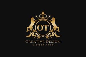 initial OT Retro golden crest with circle and two horses, badge template with scrolls and royal crown - perfect for luxurious branding projects vector