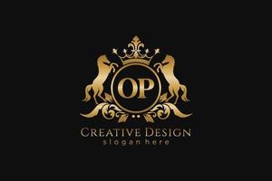 initial OP Retro golden crest with circle and two horses, badge template with scrolls and royal crown - perfect for luxurious branding projects vector