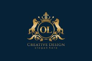 initial OL Retro golden crest with circle and two horses, badge template with scrolls and royal crown - perfect for luxurious branding projects vector