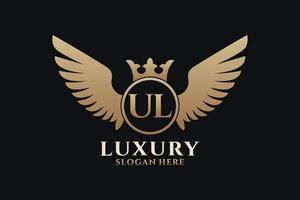 Luxury royal wing Letter UL crest Gold color Logo vector, Victory logo, crest logo, wing logo, vector logo template.