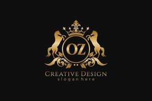 initial OZ Retro golden crest with circle and two horses, badge template with scrolls and royal crown - perfect for luxurious branding projects vector
