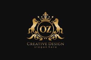 initial OZ Retro golden crest with circle and two horses, badge template with scrolls and royal crown - perfect for luxurious branding projects vector