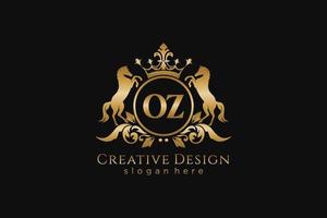 cresta de oro retro oz inicial con círculo y dos caballos, plantilla de insignia con pergaminos y corona real - perfecto para proyectos de marca de lujo vector