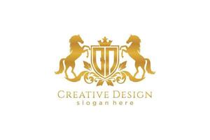 initial QN Retro golden crest with shield and two horses, badge template with scrolls and royal crown - perfect for luxurious branding projects vector