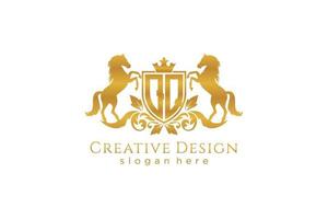 initial QQ Retro golden crest with shield and two horses, badge template with scrolls and royal crown - perfect for luxurious branding projects vector