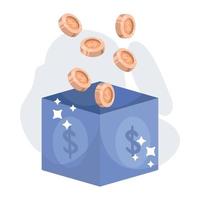 falling coins in box, money income vector