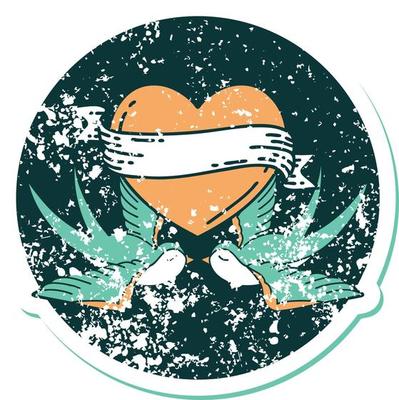 iconic distressed sticker tattoo style image of swallows and a heart with banner