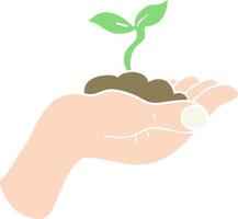 flat color illustration of seedling growing held in hand vector