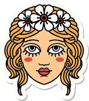 sticker of tattoo in traditional style of female face with crown of flowers vector