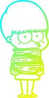 cold gradient line drawing nervous cartoon boy carrying books vector