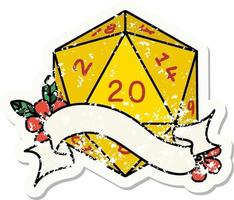 grunge sticker of a natural twenty D20 dice roll vector