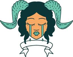 Retro Tattoo Style crying tiefling character face with scroll banner vector