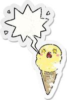 cartoon shocked ice cream and speech bubble distressed sticker vector