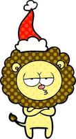 comic book style illustration of a tired lion wearing santa hat vector