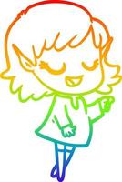 rainbow gradient line drawing happy cartoon elf girl pointing vector