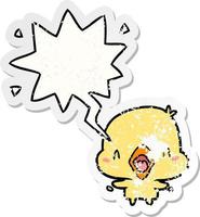 cartoon happy bird and speech bubble distressed sticker vector