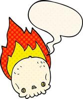 spooky cartoon flaming skull and speech bubble in comic book style vector