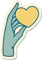 sticker of tattoo in traditional style of a hand holding a heart vector