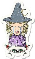 grunge sticker of a crying elf mage character with natural one dice roll vector