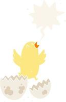 cartoon bird hatching from egg and speech bubble in retro style vector