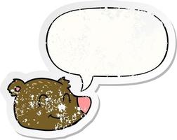 cartoon happy bear face and speech bubble distressed sticker vector