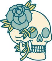 imagen icónica de estilo tatuaje de una calavera y una rosa vector