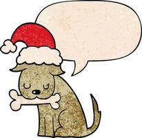lindo perro navideño y burbuja de habla en estilo de textura retro vector